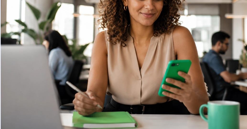 Mulher sorrindo enquanto usa o celular em um escritório